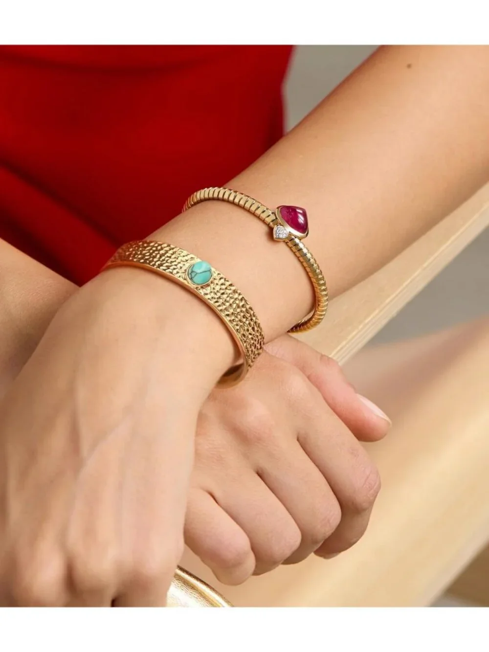 18K Gold Plated Open Cuff Bangle - Textured Statement Bracelet for Layering